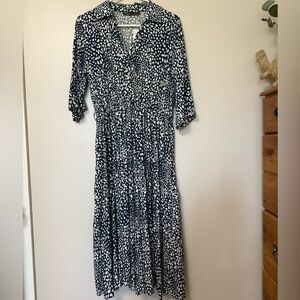 NEW Elegant Navy and White animal print faux shirt midi dress
